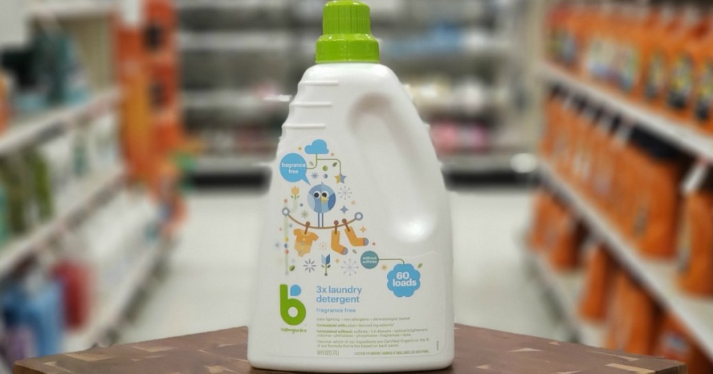 Single bottle of babyganics laundry detergent on wooden surface in store in Target