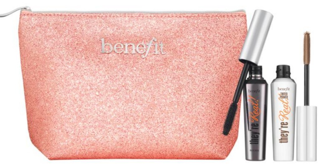 Benefit Cosmetics next to a pink sparkle bag