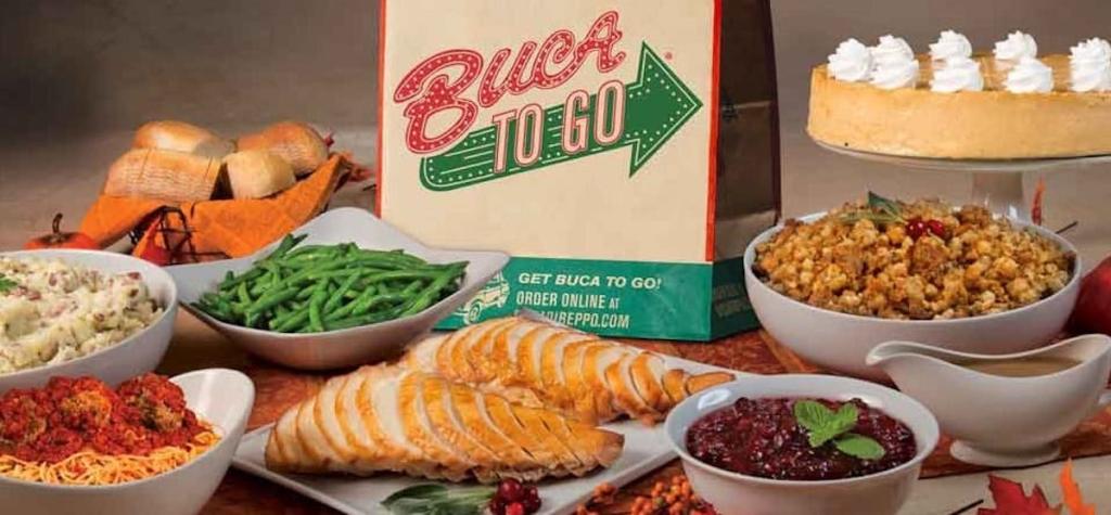 Buca Di Beppo premade Thanksgiving dinner feast on table with to go bag