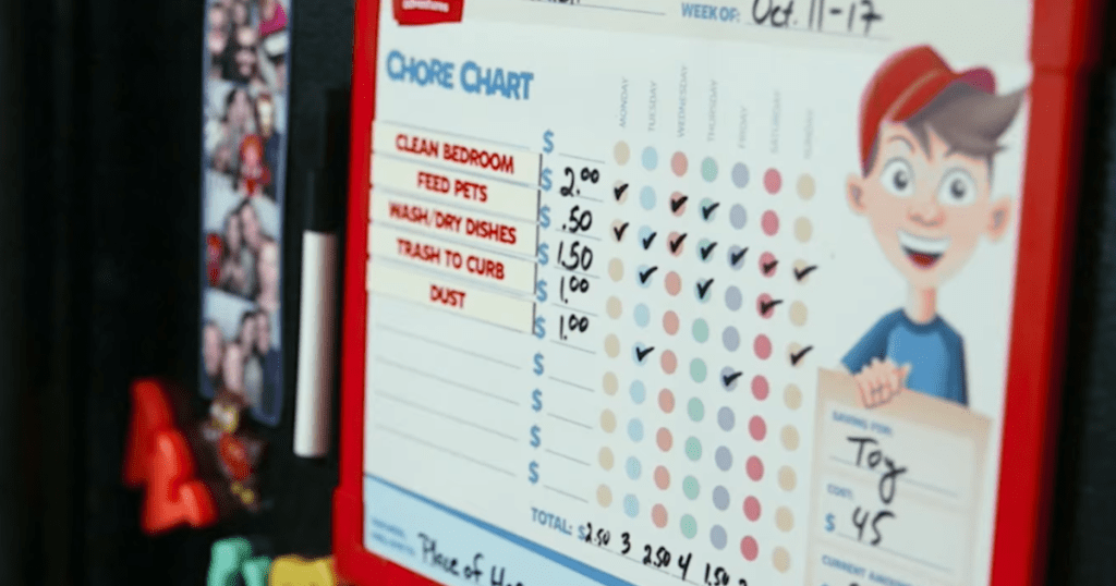 Dave Ramsey's Financial Peace Junior Kit for Kids with Chore chart on refrigerator