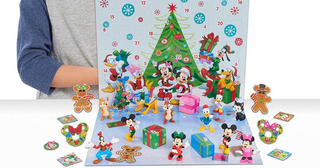 Disney Mickey Mouse themed advent calendar open and on a table