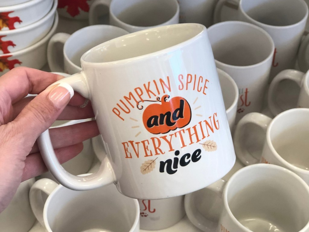 hand holding Dollar Tree Pumpkin Spice Mug