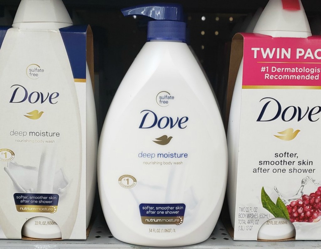 Dove brand body wash on store shelf