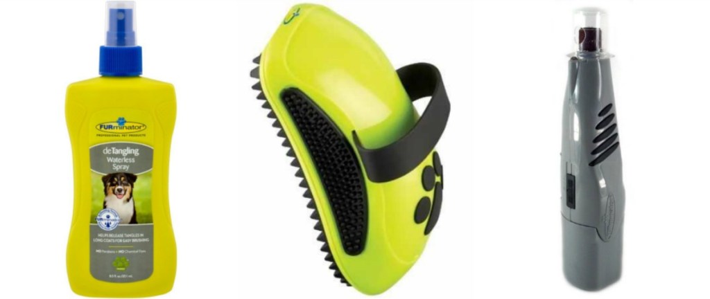 FURminator pet hair detangler spray, grooming brush and nail trimmer