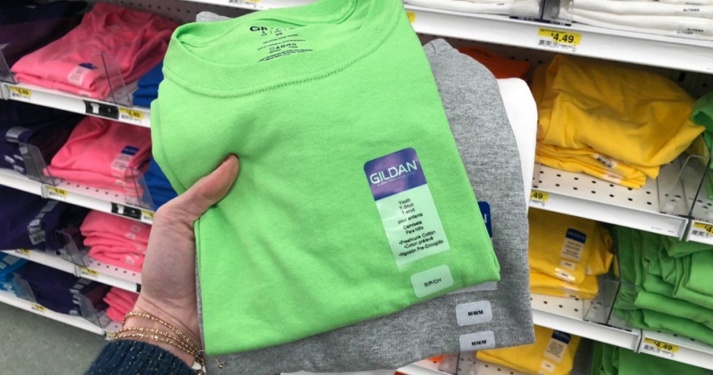 Three colors of Gildan brand craft shirts in-hand