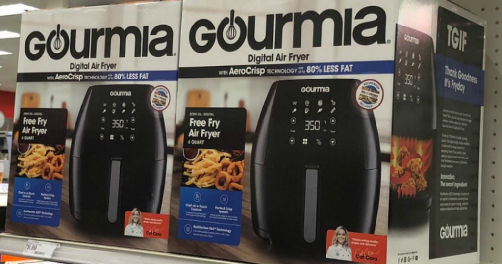 Store display of Gourmia digital air fryers in package