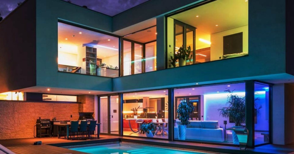 Govee brand smart wifi LED lights in multiple rooms of a house with a pool outside