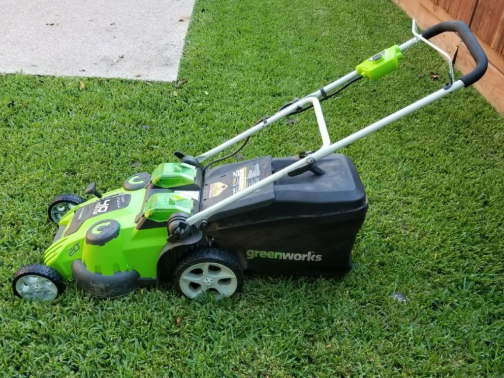 Greenworks Lawn Mower on grass