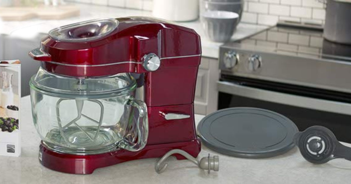 Kenmore Elite Mixer in burgundy in kitchen