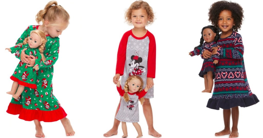 girls wearing matching pajama sets with their dolls