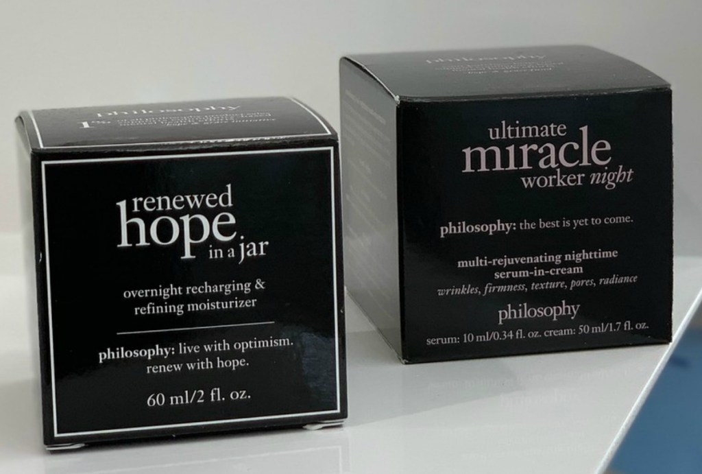 Boxes of Philosophy brand night creams in package on counter in-store