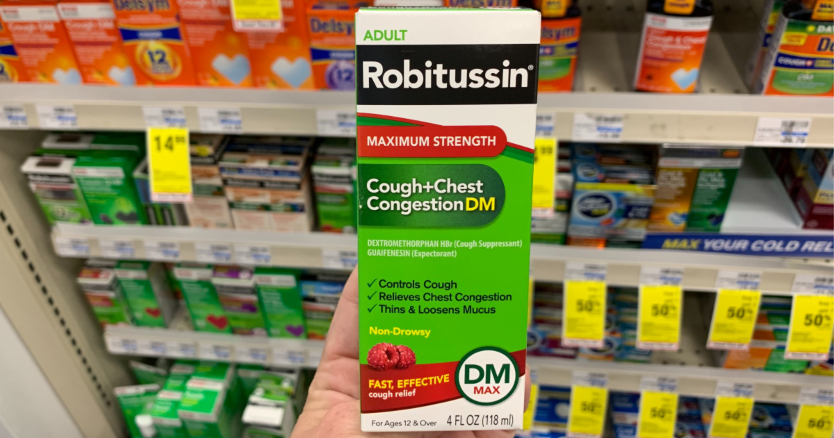 adult Robitussin cough medicine in the box in front of other cod and cough medicine