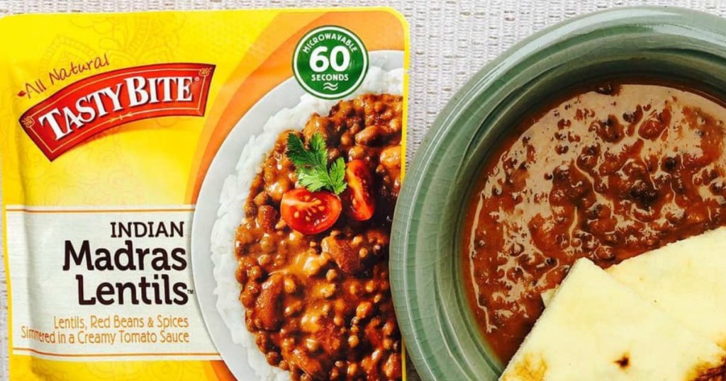 Tasty Bite lentils next to an indian soup