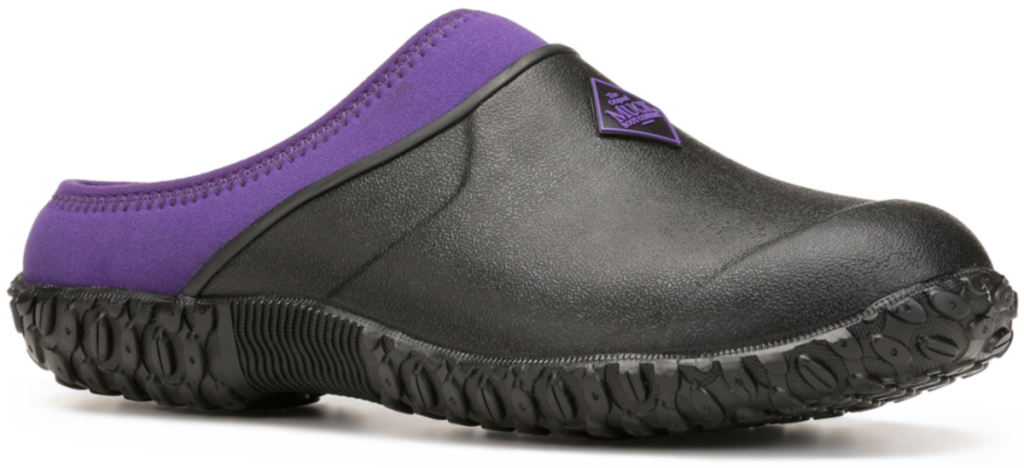 black and purple clogs