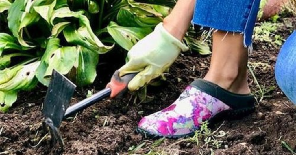 woman gardening with clogs on