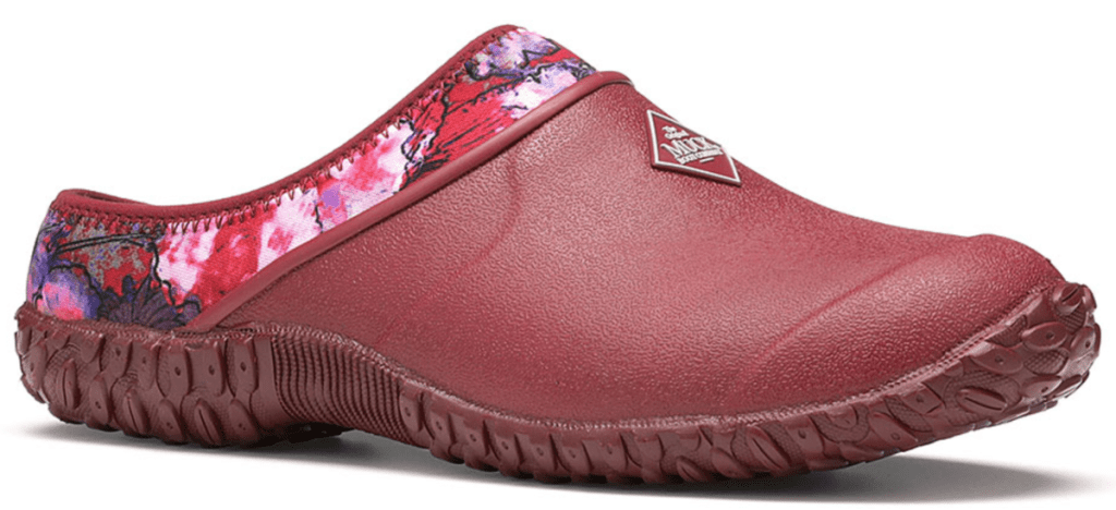 red and floral clogs