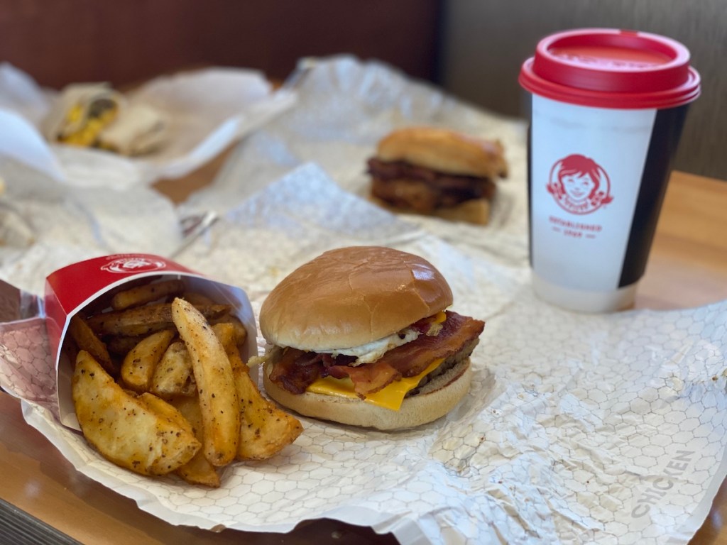 Wendy's breakfast sandwich, fries and coffee