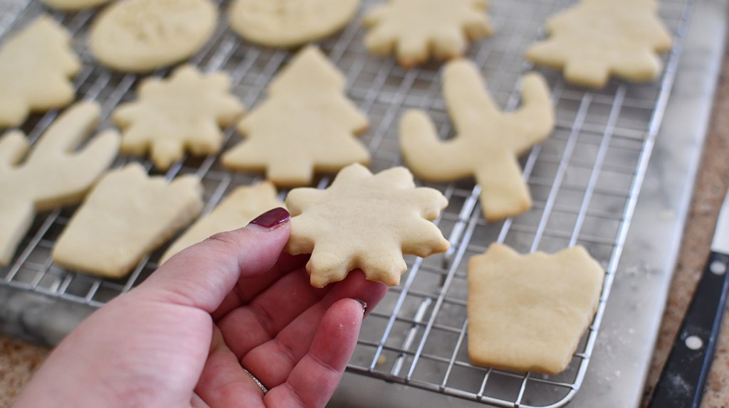 hand holding a snow flake shaped sugar cookie