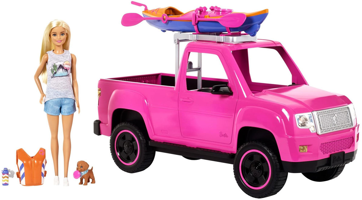 Barbie Camping Fun Doll, Pink Truck and Sea Kayak Adventure set stock image