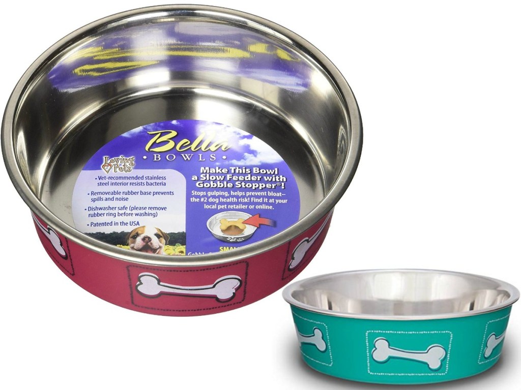 dog bowls with red and teal bones