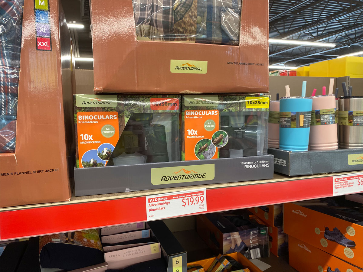 adventuridge binoculars on shelf at aldi