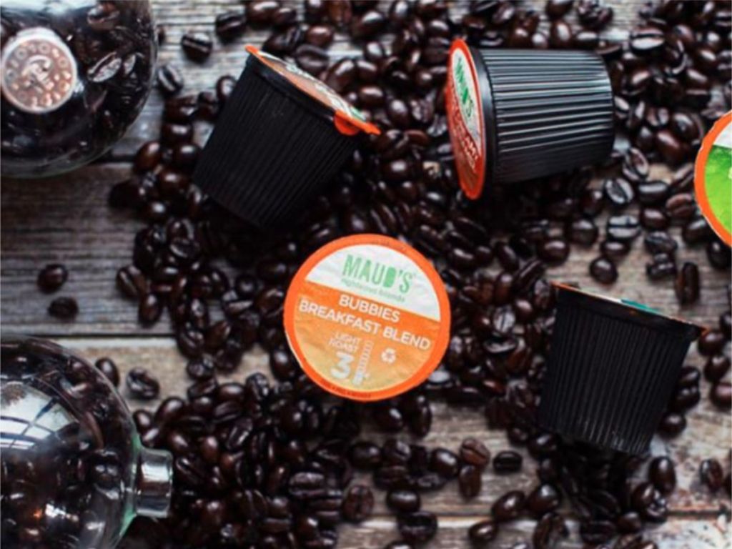 mauds bubbies breakfast blend pods with coffee beans 