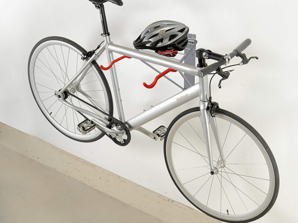bike rack in garage holding bike