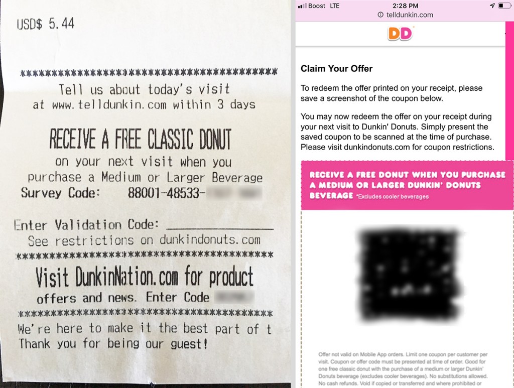 receipt and mobile app screenshot from dunkin donuts