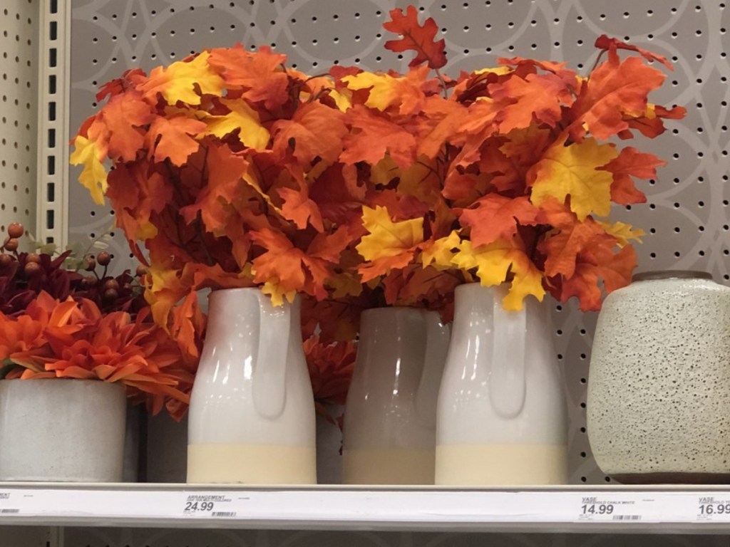 19" x 9" Artificial Oak Leaves Arrangement in Ceramic Pot Orange/Yellow