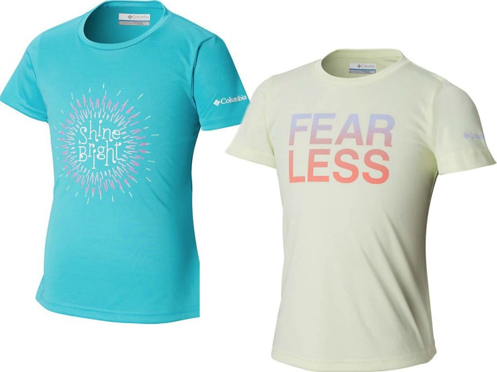 2 shirts with words on them on white background