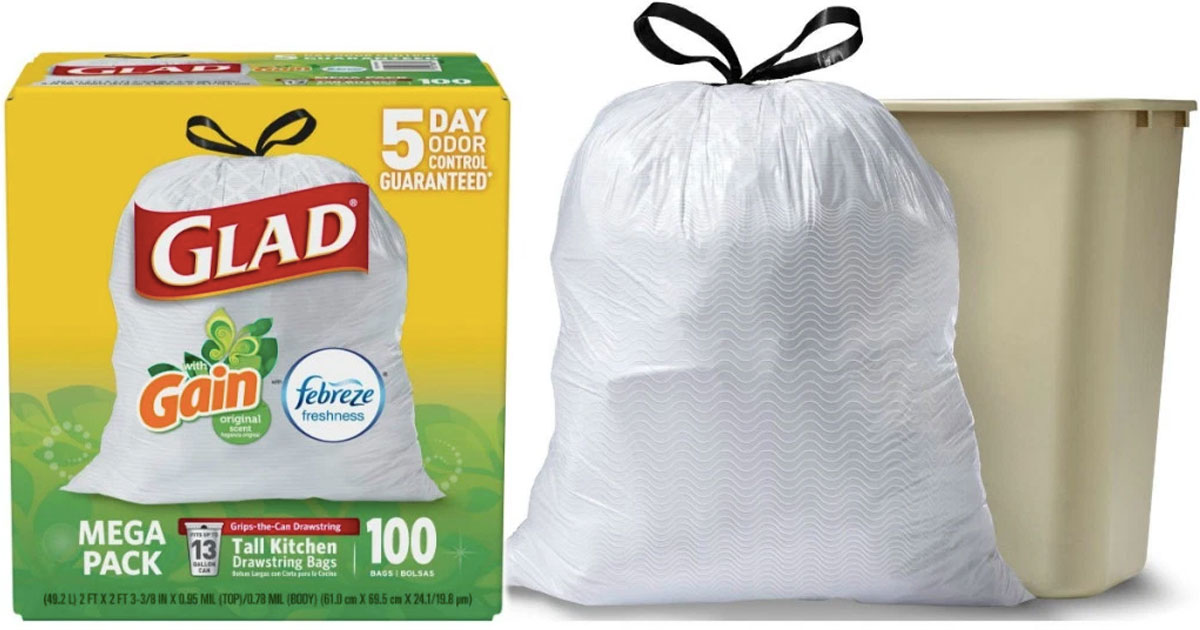 glad trash bag box of 100 count next to full garbage bag and can