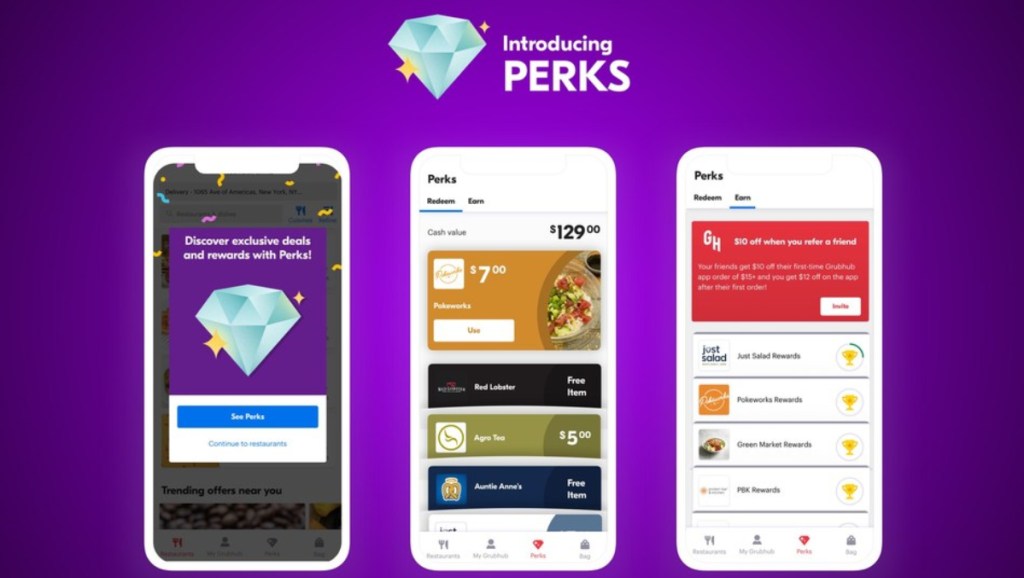 GrubHub App showing Perks program