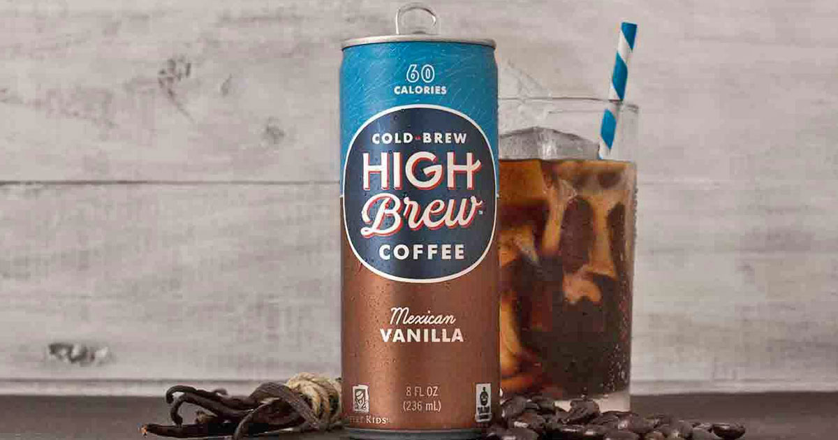 can of cold brew high brew coffee mexican vanilla with glass of ice