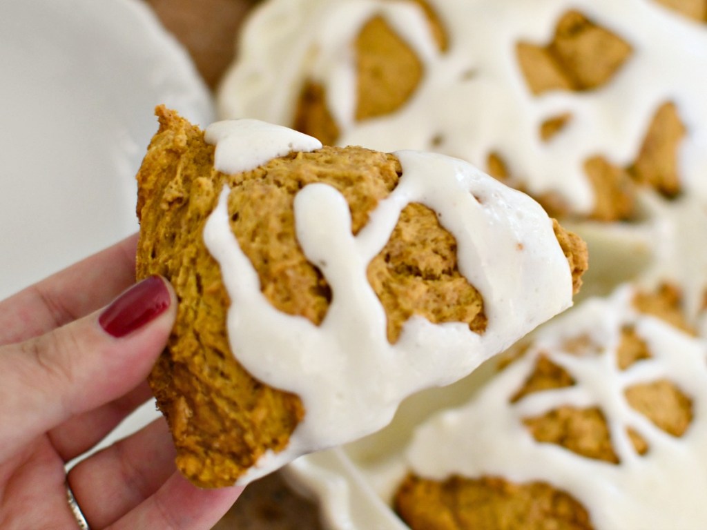 homemade pumpkin scone with cream cheese drizzle