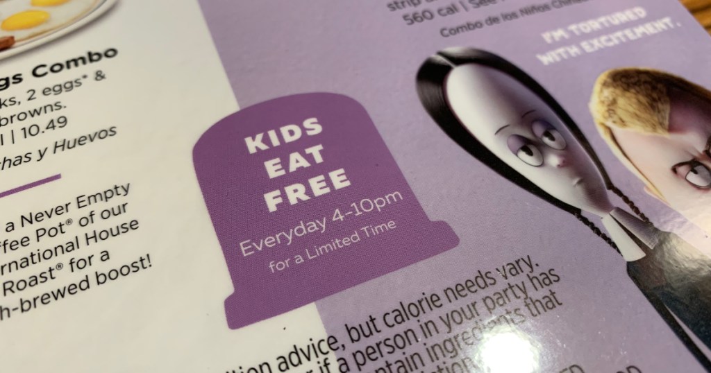 kids eat free at IHOP on Addams Family menu