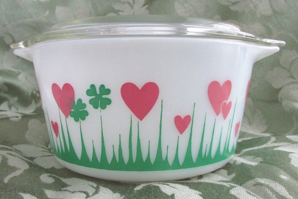 lucky in love pyrex dish with pink hearts and grass