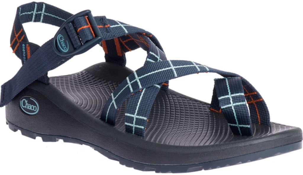 black sandals with blue straps
