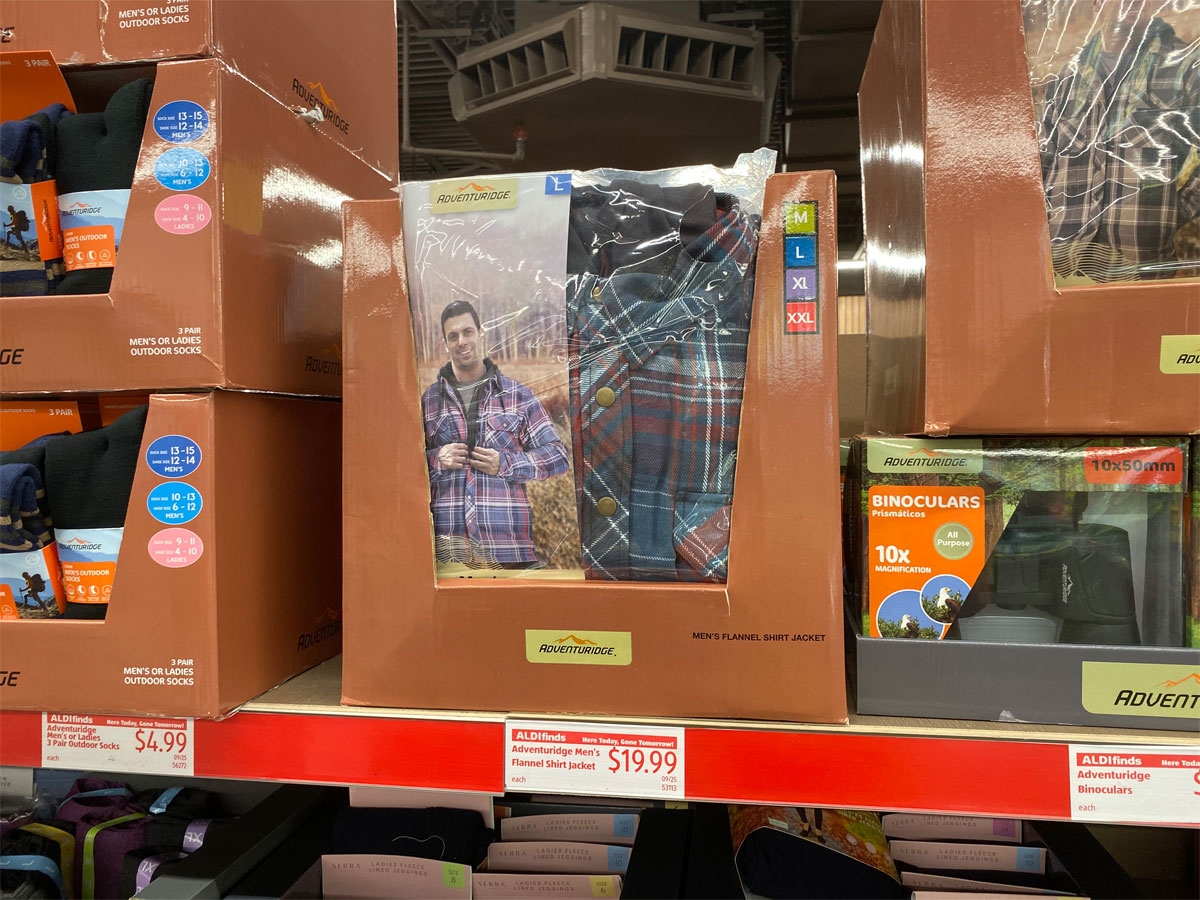 adventuridge men's flannel jacket on shelf at aldi