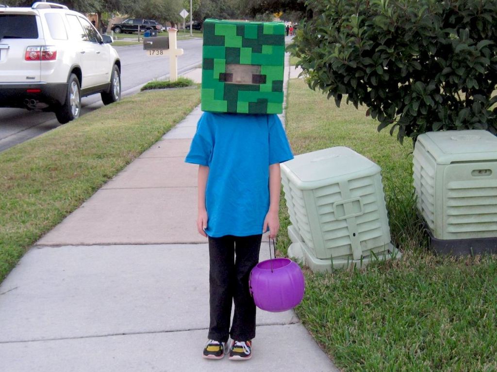 kids wearing minecraft costume standing on sidewalk