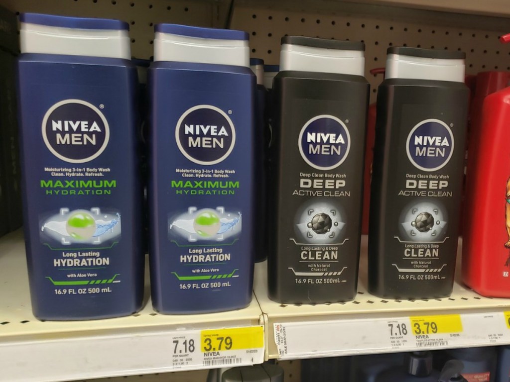 bottles of men body wash on store shelf