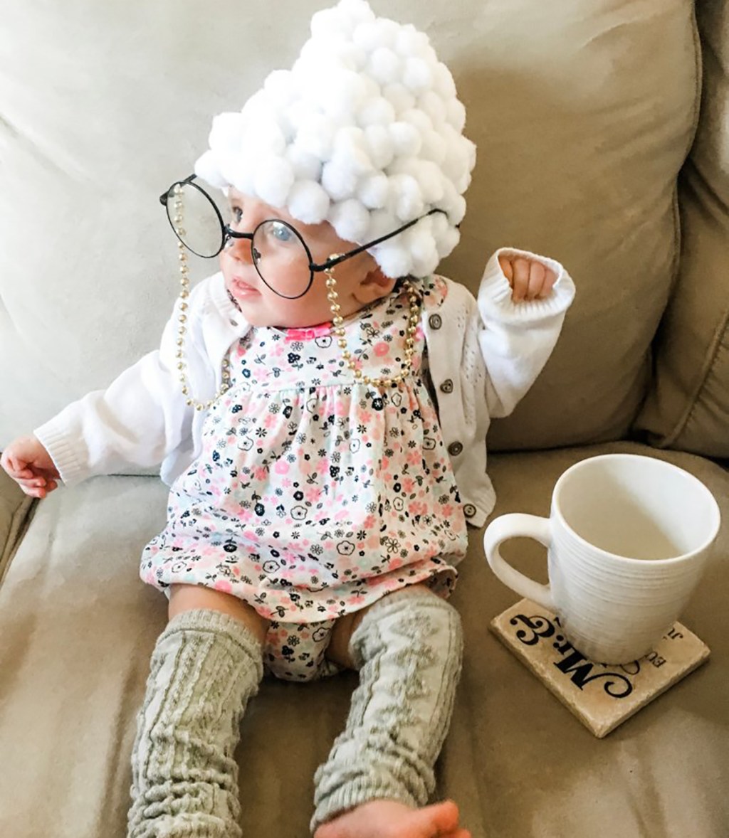 baby dressed in old lady DIY halloween costume