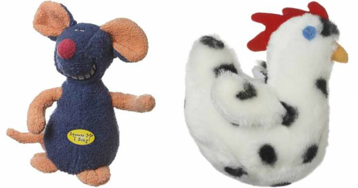 Two dog toys. Plush mouse on the left and plush chicken on the right.
