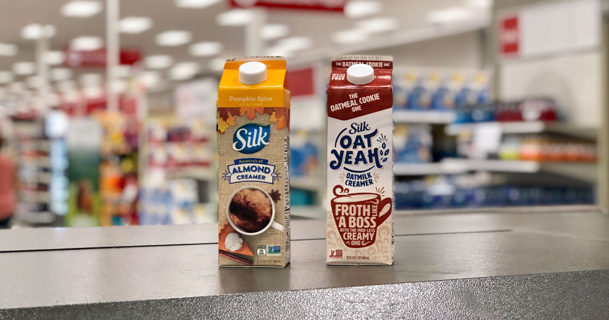 target silk almond creamer and silk oat yeah coffee creamer on shelf