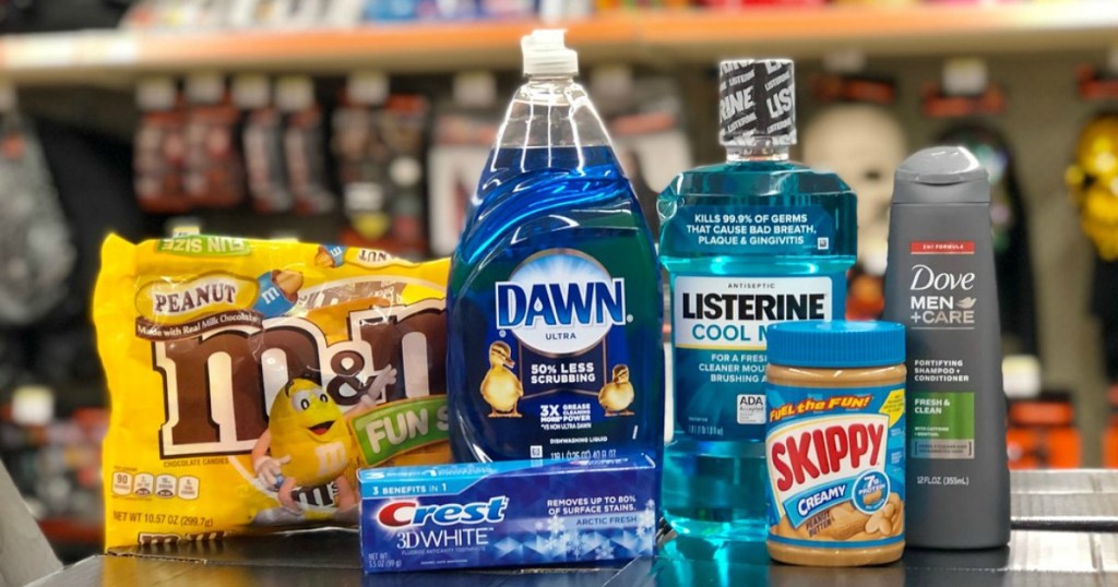 m&m's fun size halloween candy, crest toothpaste, dawn dish liquid, listerine mouthwash, skippy peanut butter and dove men + care shampoo at walgreens