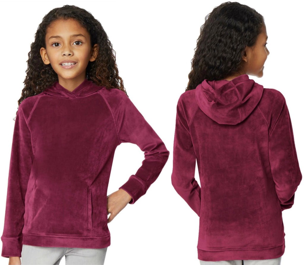 Two angles of Girls 32Degree hoodies in red/maroon color