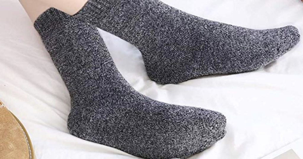Woman wearing wool socks in dark gray