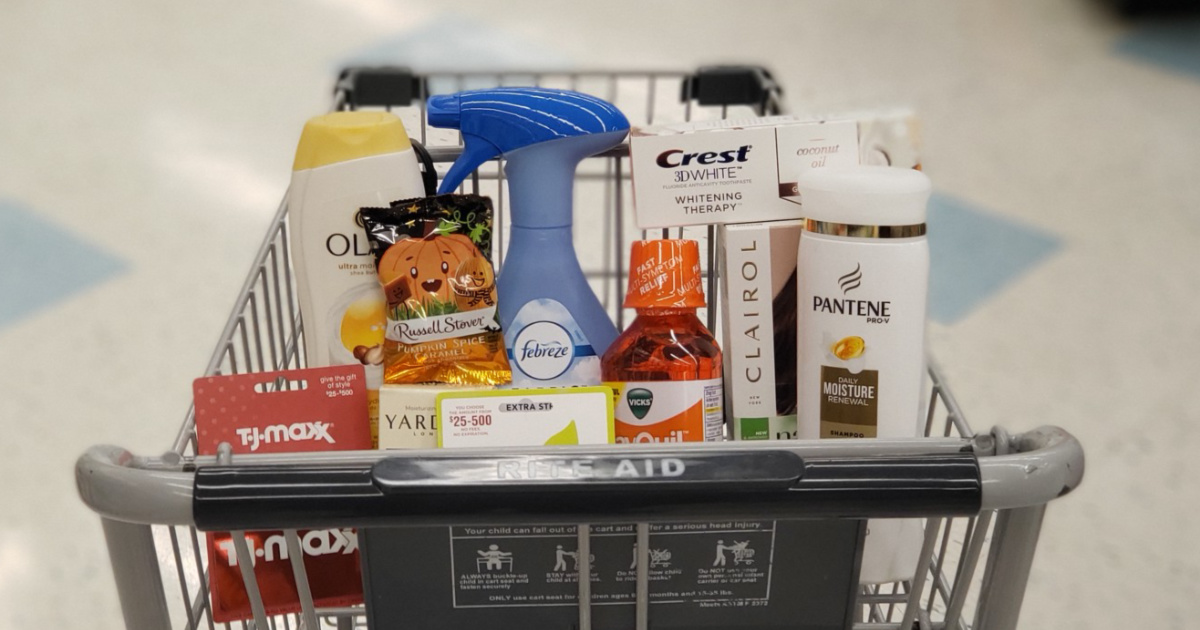 various products in shopping cart at Rite Aid