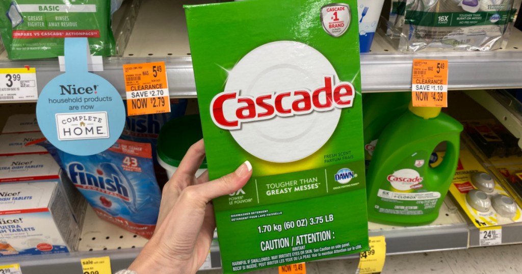 hand holding up box of cascade at walgreens