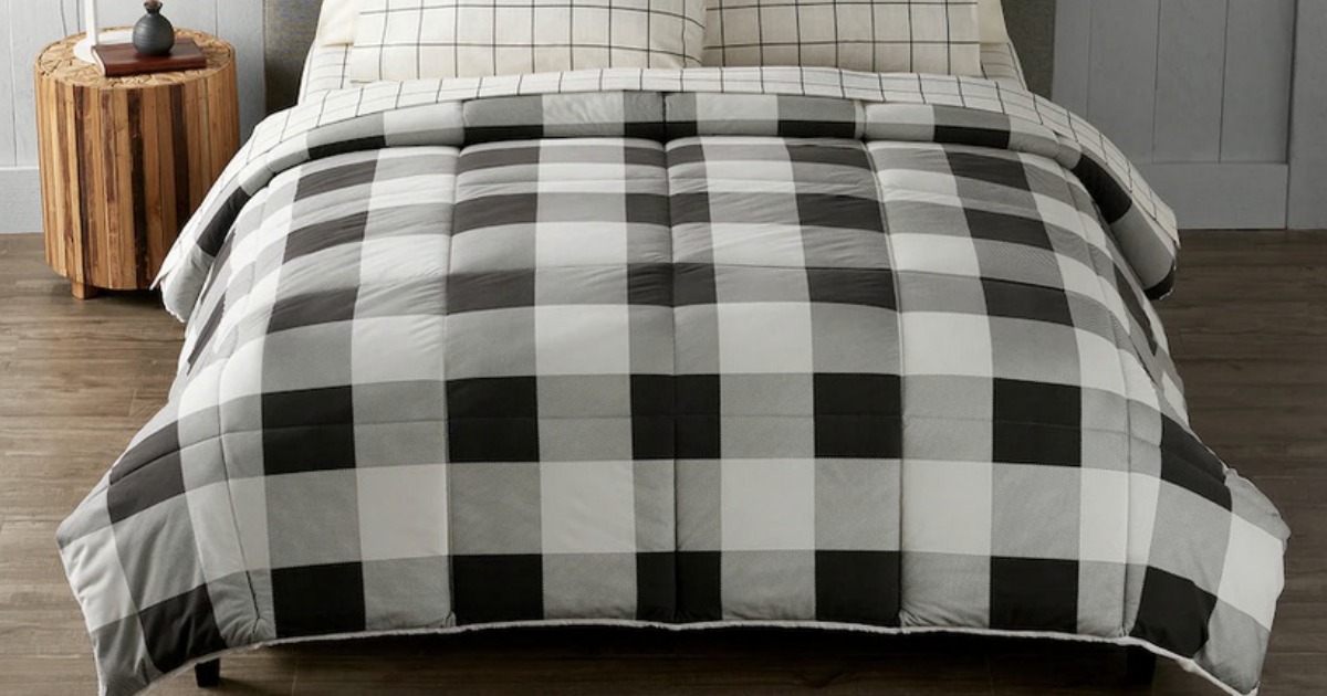 Cuddl Duds Cozy Soft Comforter in Buffalo Print in bedroom