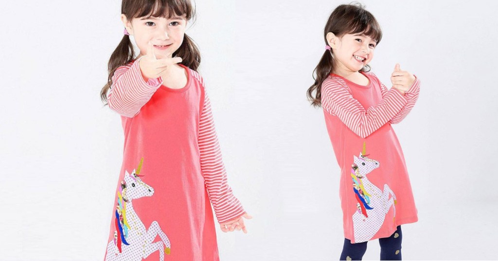 two views of little girl wearing pink dress with unicorn applique
